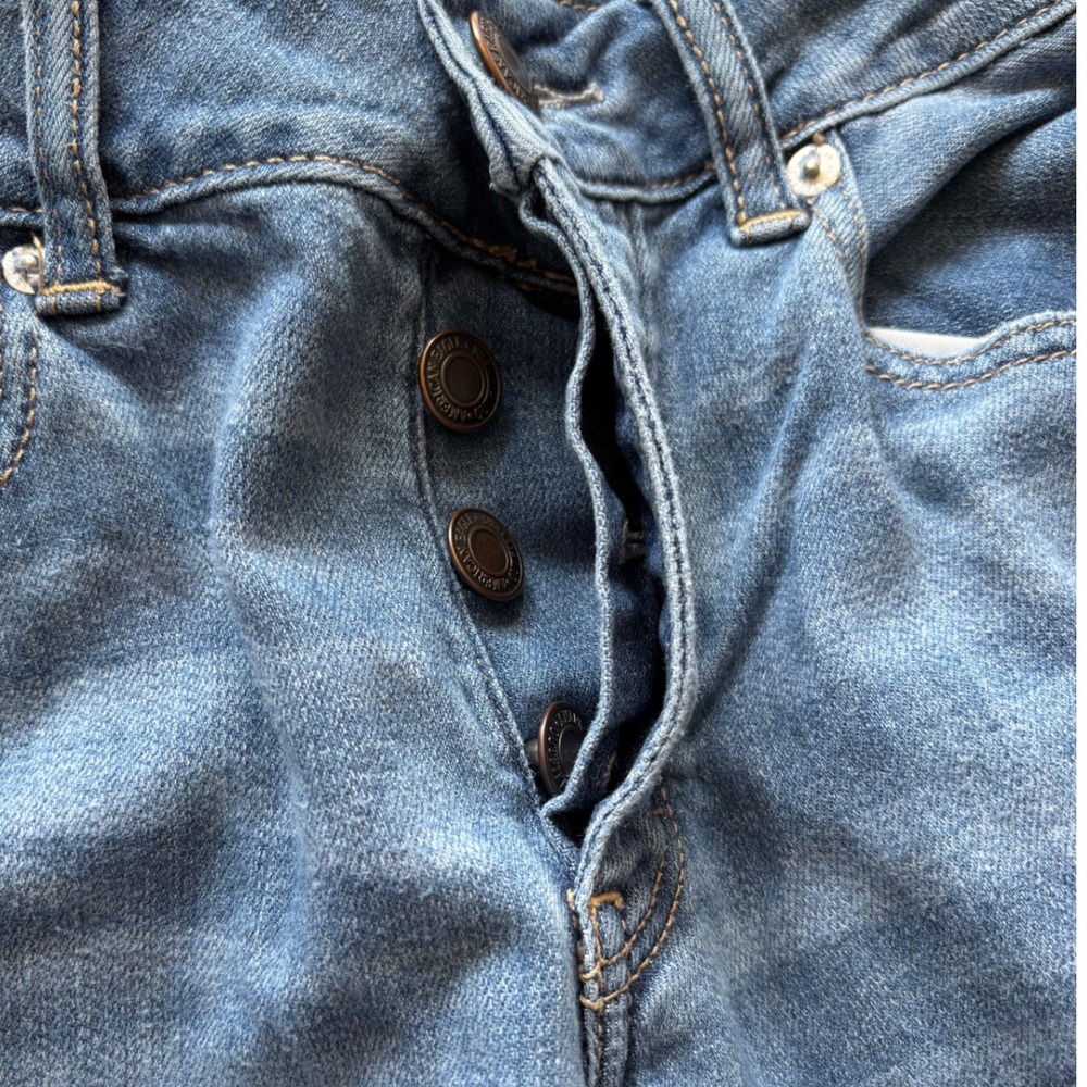 American Eagle Womens Distressed Skinny Jeans Blue Button Fly‎ Ripped Size 0 - Picture 5 of 12